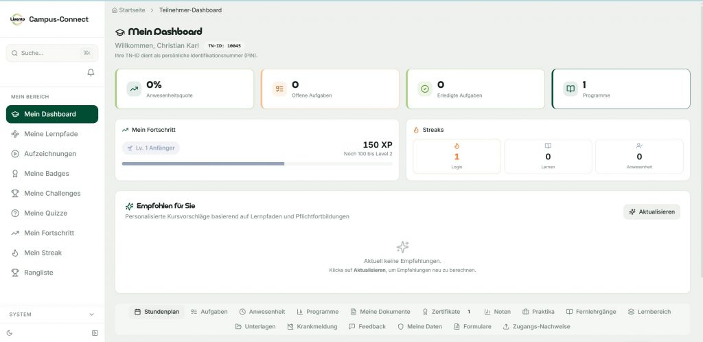 Campus-Connect-Dashboard mit Anwesenheitsquote, offenen und erledigten Aufgaben sowie Lernfortschritt