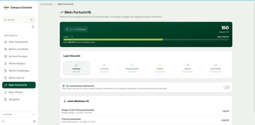 Gamification bei Campus Connect: Level von Anfänger bis Großmeister mit Badges und Streaks