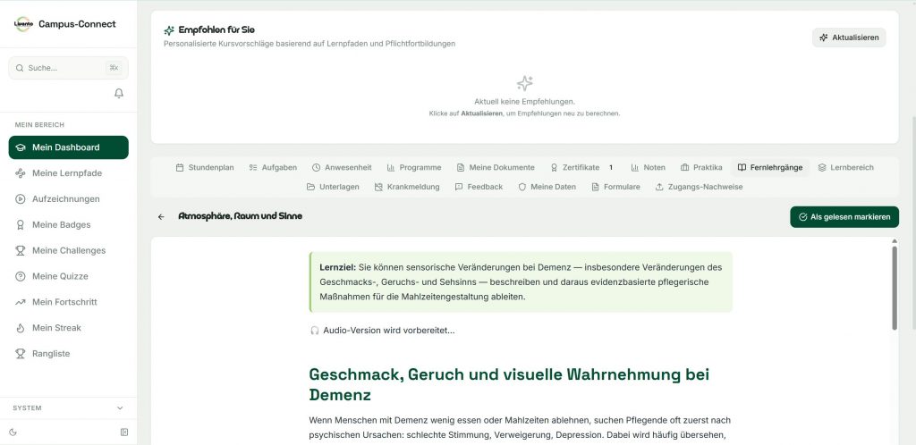 Interaktive Selbstlernphasen im Lernbereich von Campus Connect mit Fortschrittsanzeige