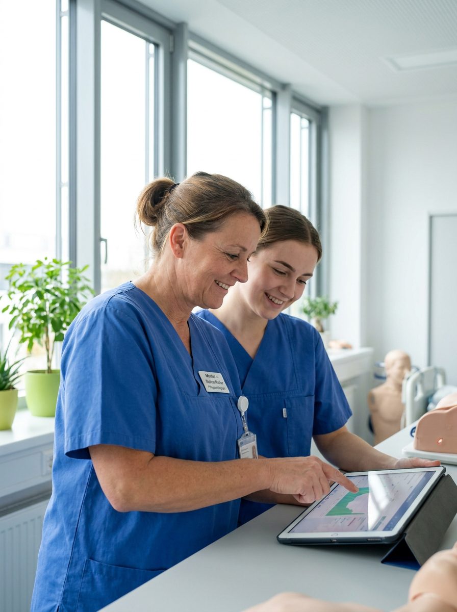 Pflegekraft mit Tablet – Weiterbildung bei LIVENTO