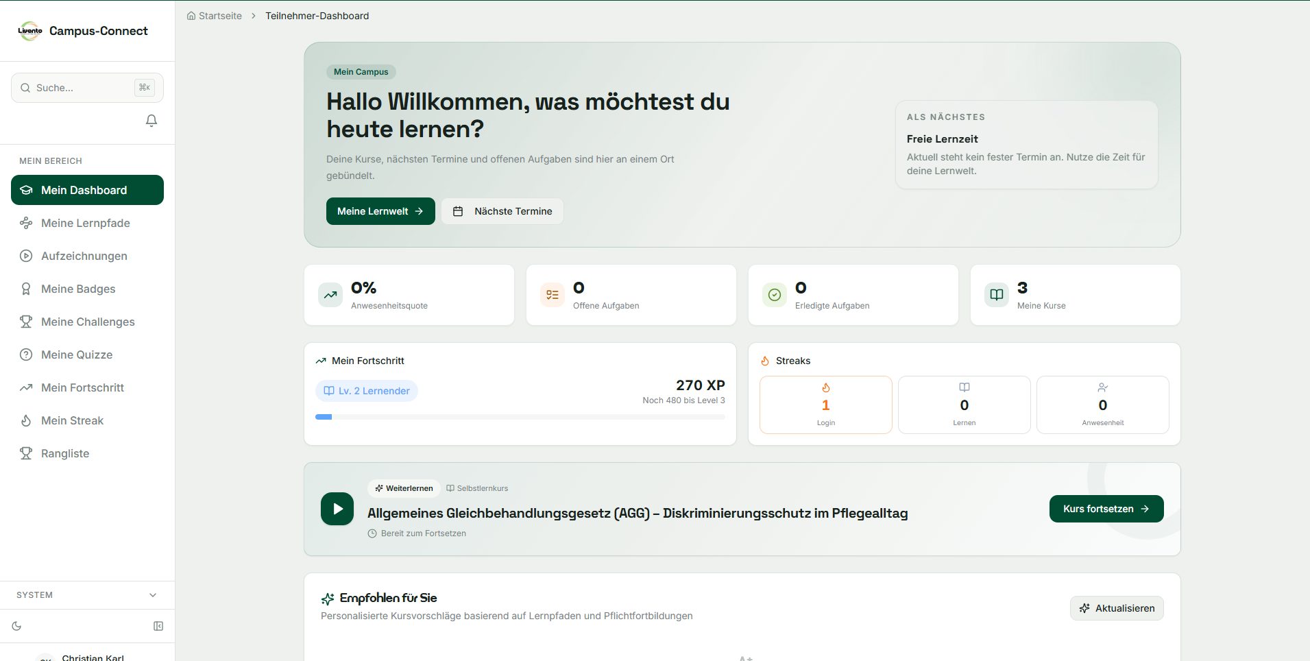 Individuelles E-Learning für eine Pflegeeinrichtung, erstellt von Livento und bereitgestellt in Campus Connect