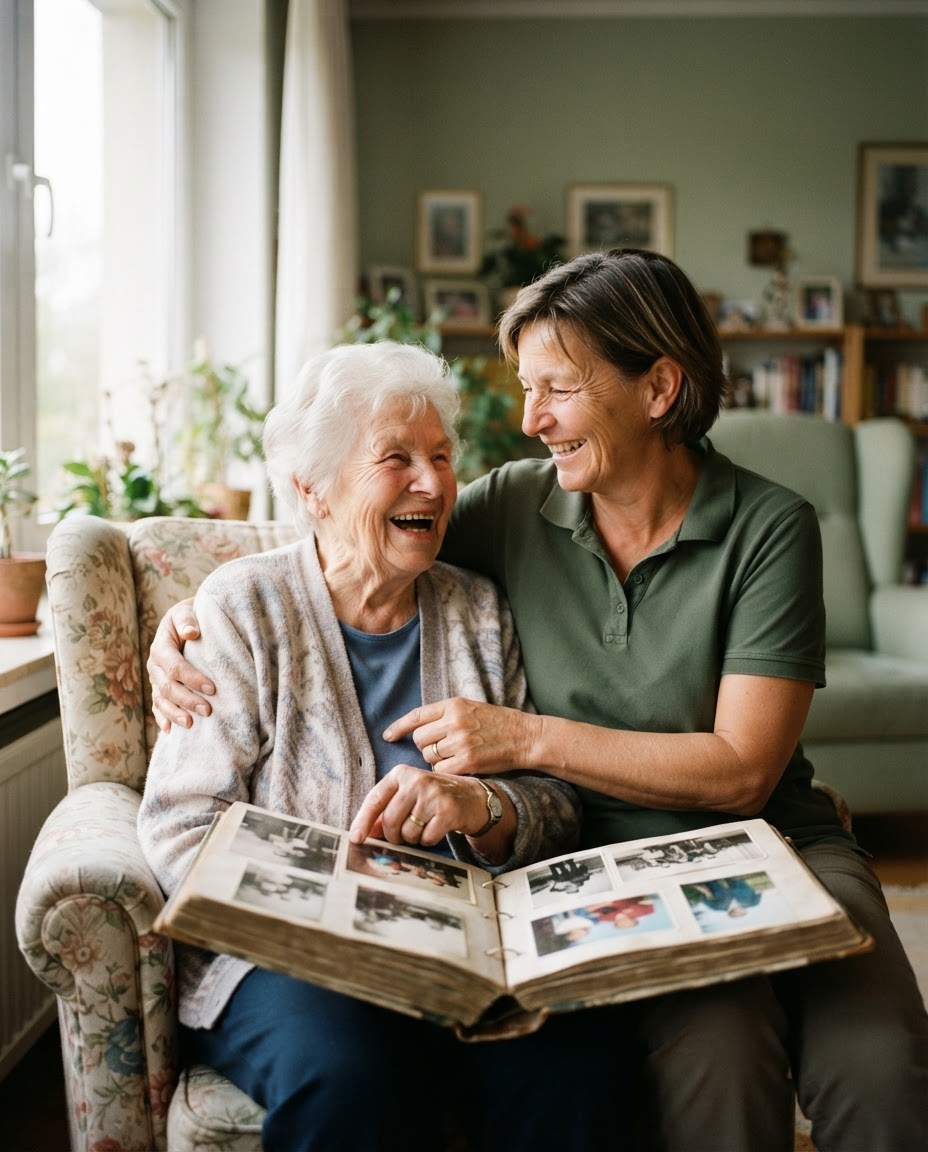 Betreuungskraft schaut gemeinsam mit einer Seniorin lachend in ein Fotoalbum